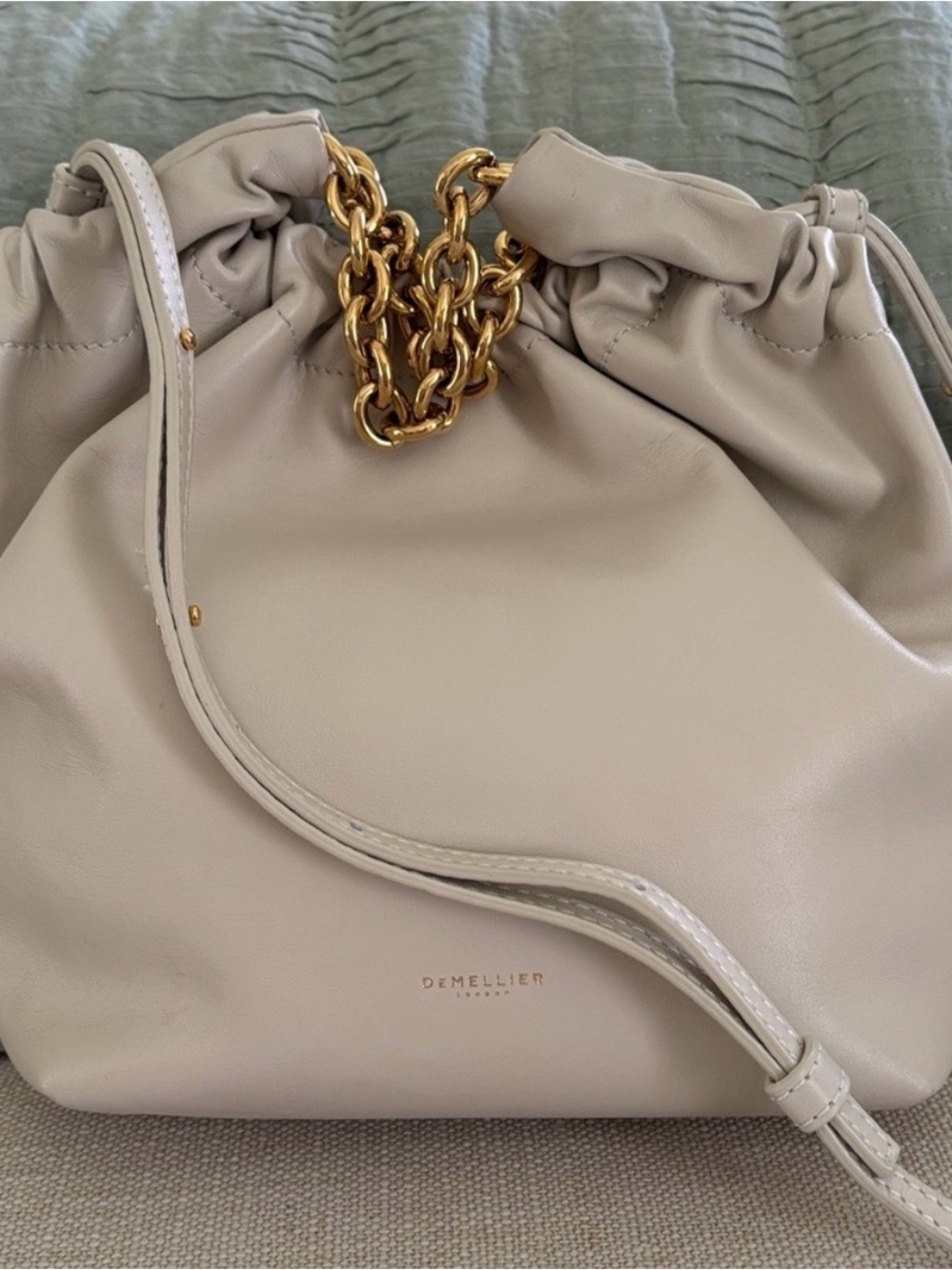 DeMellier Cream Leather Shoulder Bag with Gold Chain Accent